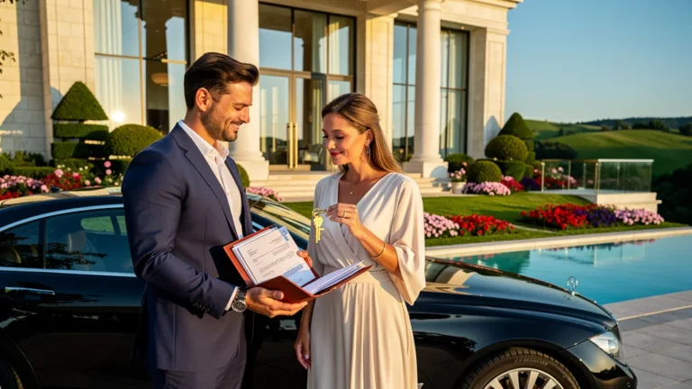 Couple achetant un bien immobilier de prestige devant une villa luxueuse sous un ciel bleu limpide