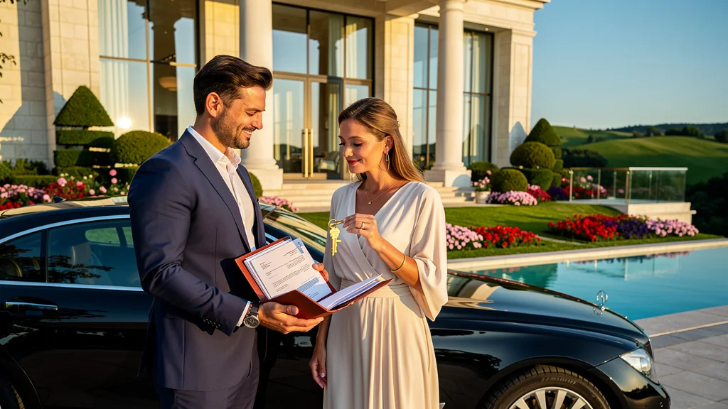 Couple achetant un bien immobilier de prestige devant une villa luxueuse sous un ciel bleu limpide