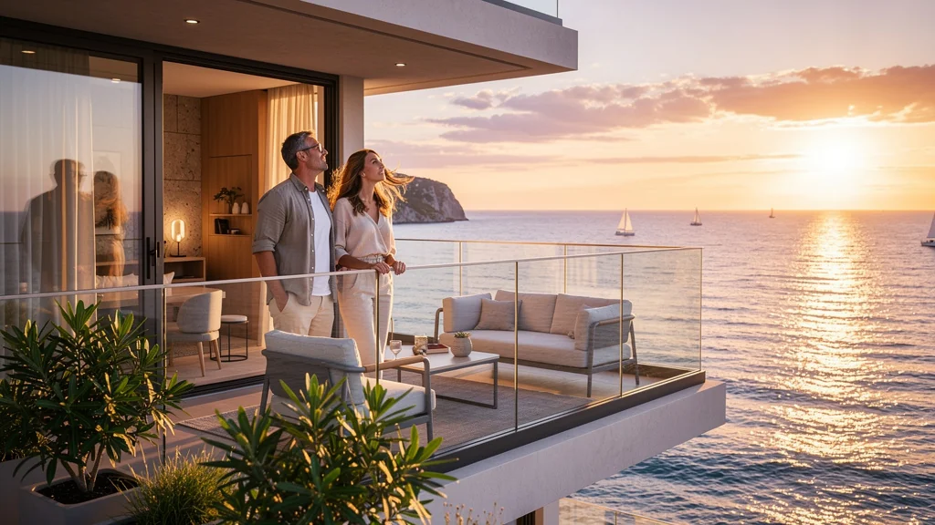 Jeune couple choisissant un appartement avec vue mer au coucher de soleil, moment d'émotion et découverte