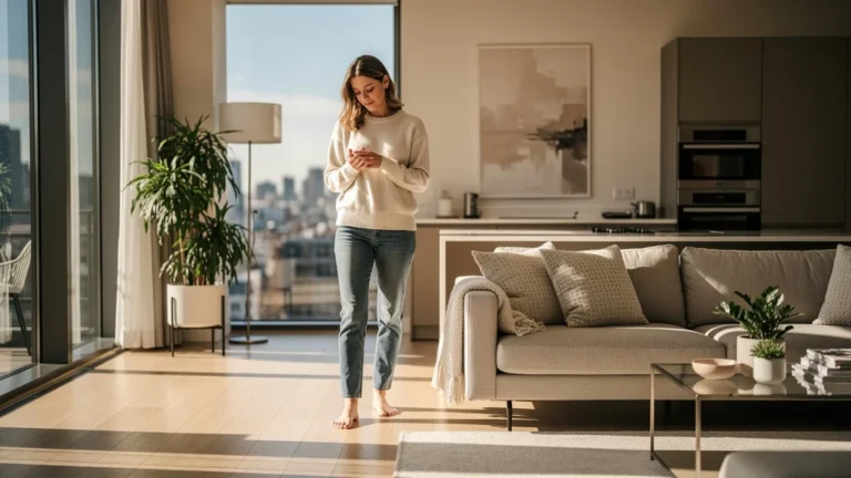 Jeune femme préparant son appartement moderne et lumineux à la location, ambiance chaleureuse et réfléchie
