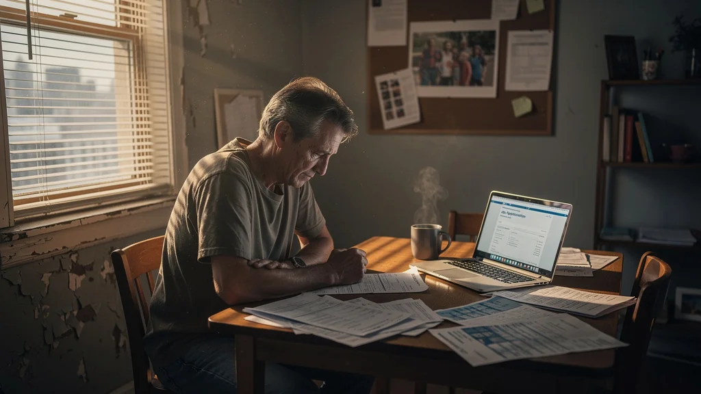 Homme seul face à ses finances dans un appartement, reflet des défis d'acheter seul après une perte d'emploi