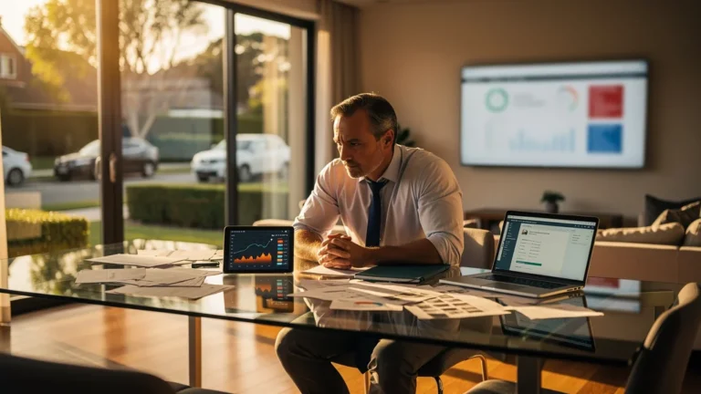 Agent immobilier réfléchissant avant vente sans estimation sérieuse, ambiance réaliste et professionnelle