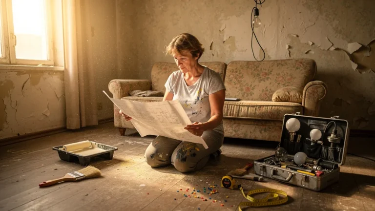 Intérieur réaliste d'une petite remise à neuf révélant les coûts cachés d’une rénovation modeste