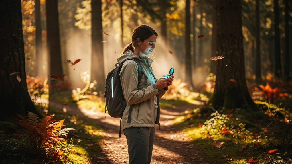 Femme en forêt utilisant une boussole digitale, illustrant des choix améliorés grâce à l'orientation précise