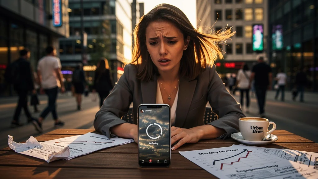 Femme frustrée devant smartphone avec vidéo en buffering illustrant l’impact du mauvais streaming mobile sur les demandes