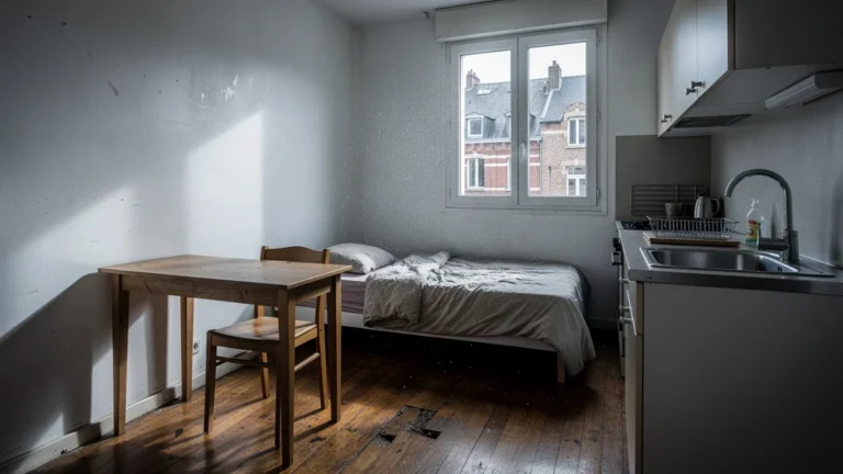 Studio lillois à vendre sans home-staging, intérieur réaliste pour article immobilier SEO