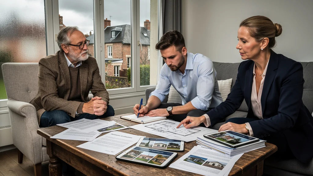 Trois agents immobiliers du Nord évaluent un mandat de vente dans un salon lumineux, révélant des pratiques surprenantes