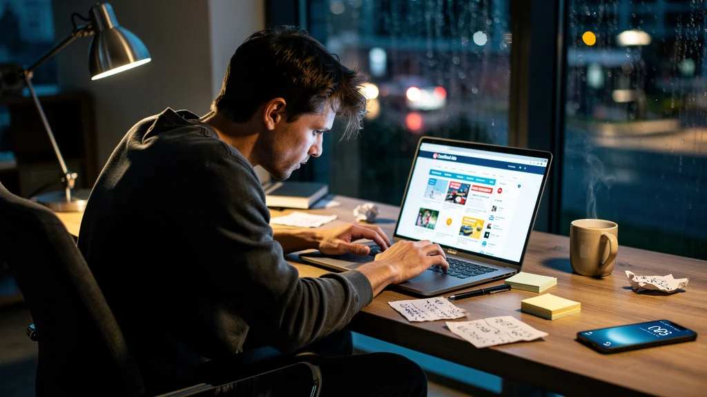 Personne épuisée après avoir consulté 40 annonces en une semaine, illustrant frustration et persévérance