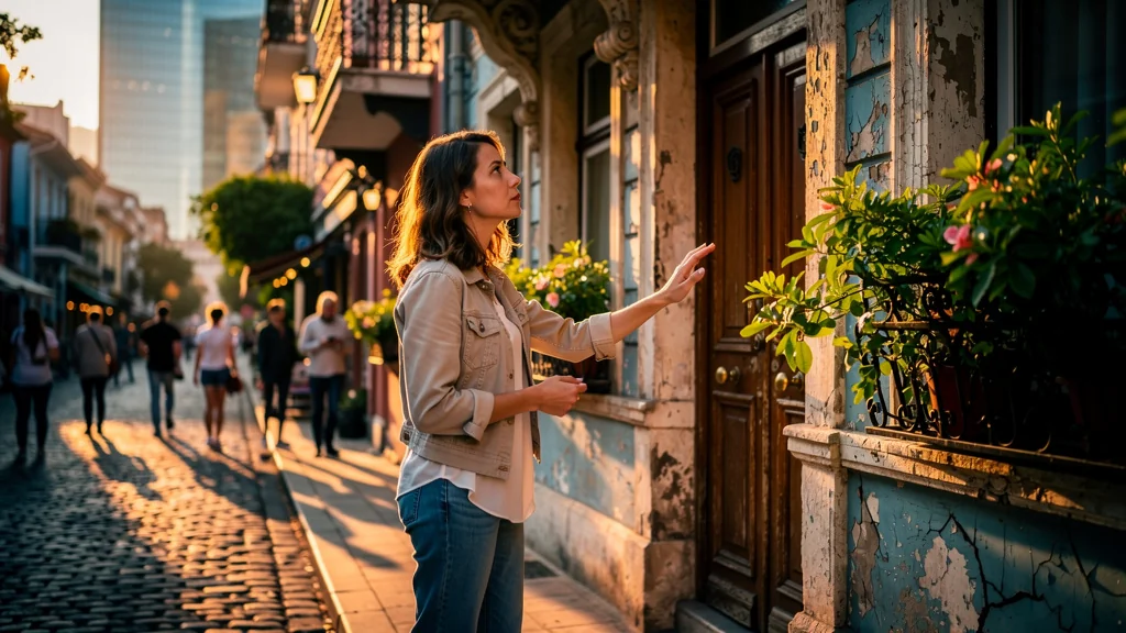 Femme réfléchissant devant une maison ancienne au coucher de soleil, symbolisant la vraie valeur au-delà du prix au m²