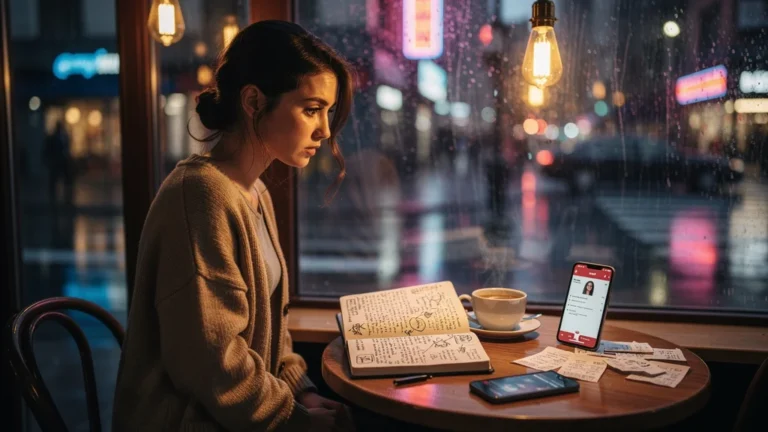 Jeune femme réalisant qu’elle se fie trop au coup de cœur dans un café urbain au crépuscule