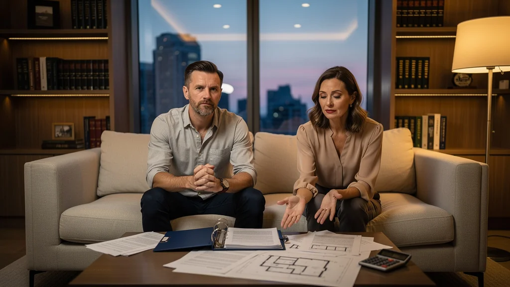 Couple réfléchissant aux limites de l'achat en indivision dans un salon moderne et lumineux