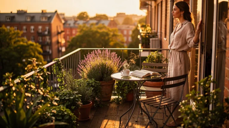 Balcon urbain lumineux valorisant un bien immobilier avec un petit extérieur, ambiance chaleureuse et apaisante