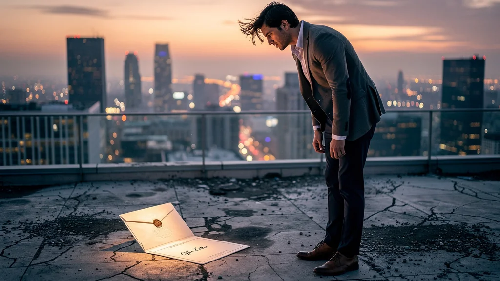 Homme seul sur un toit au coucher du soleil, exprimant regret profond après avoir refusé une offre professionnelle