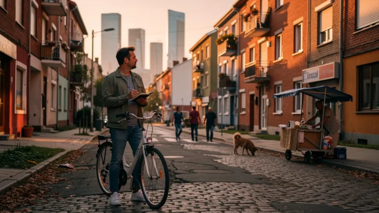 Homme réfléchissant dans un quartier milieu de gamme, choix d’investissement immobilier réaliste et éclairé