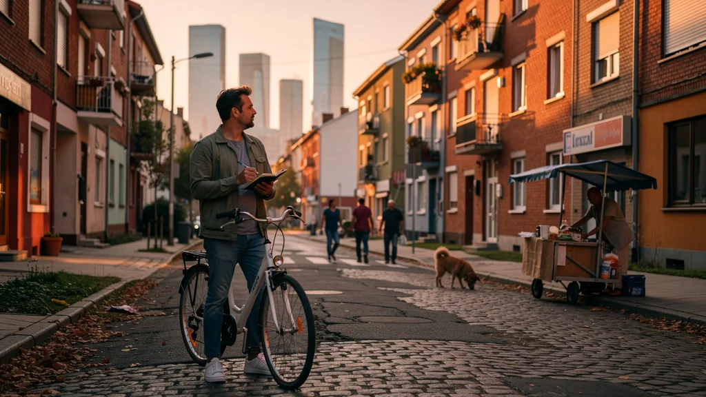 Homme réfléchissant dans un quartier milieu de gamme, choix d’investissement immobilier réaliste et éclairé