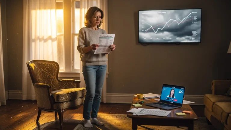 Femme dubitative tenant une estimation immobilière gratuite souvent trop optimiste dans un salon réaliste