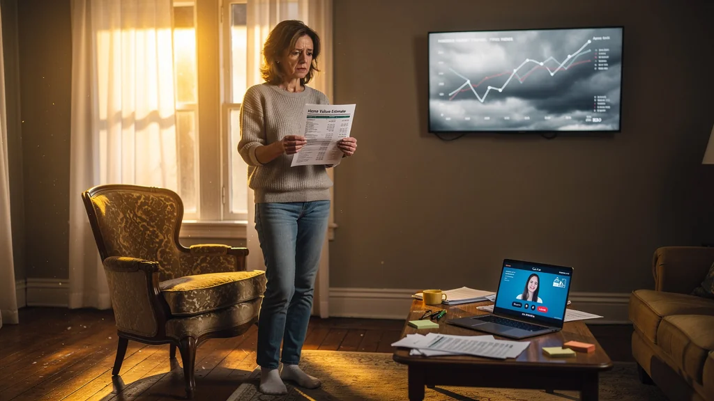 Femme dubitative tenant une estimation immobilière gratuite souvent trop optimiste dans un salon réaliste