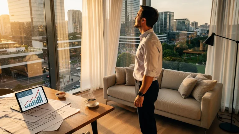 Investisseur émerveillé dans un appartement moderne symbolisant un changement de vision en investissement immobilier