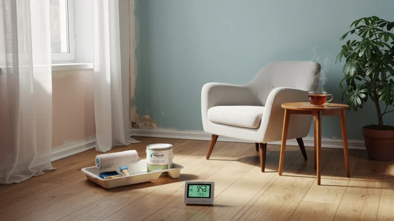 Photo réaliste d’un petit appartement rénové avec contrôle d’humidité pour rafraîchissement avant revente