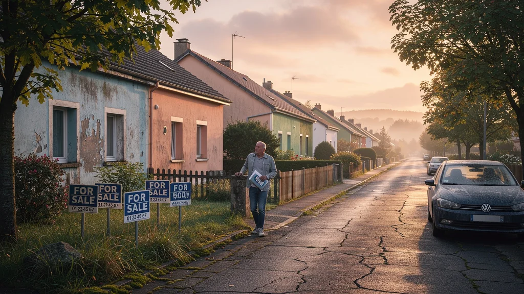 Lenteur du marché immobilier en périphérie brestoise avec maisons calmes et ambiance paisible au coucher du soleil