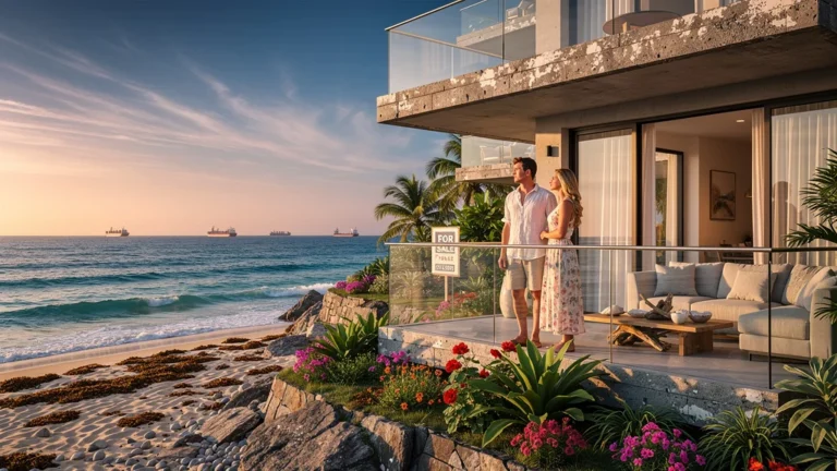 Appartement en bord de mer au coucher de soleil illustrant la vraie liquidité d’un bien proche du littoral