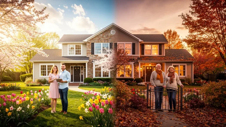 Comparaison photo hyperréaliste maison avec jardin vendue au printemps et à l’automne, meilleur délai de vente