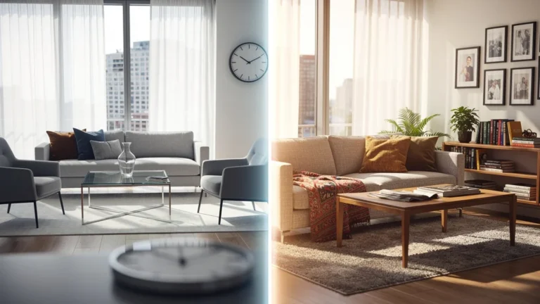 Comparaison photo ultra-réaliste d’un appartement dépersonnalisé et un autre désencombré, délai de vente immobilier