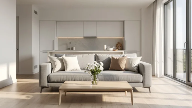 Intérieur moderne dépouillé et lumineux prêt à la vente, sans chantier, par dépersonnalisation efficace