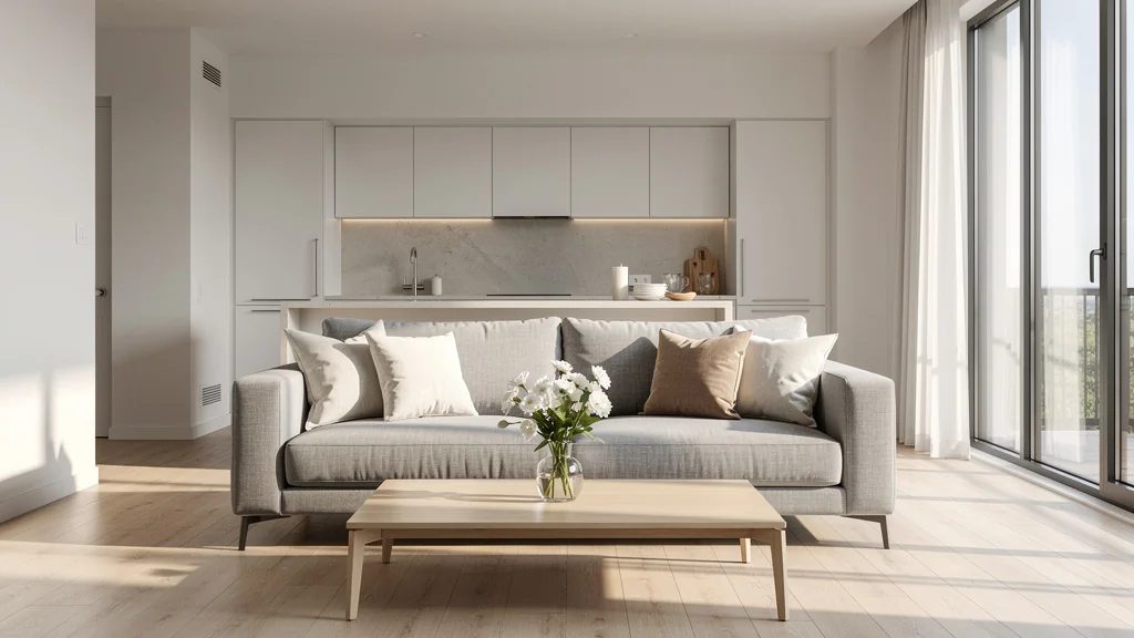 Intérieur moderne dépouillé et lumineux prêt à la vente, sans chantier, par dépersonnalisation efficace