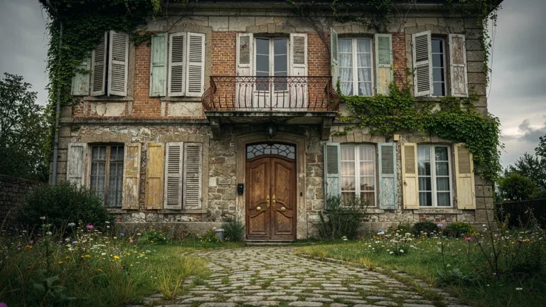 Façade d’un bien atypique au charme ancien, difficile à revendre rapidement, ambiance nostalgique et détaillée
