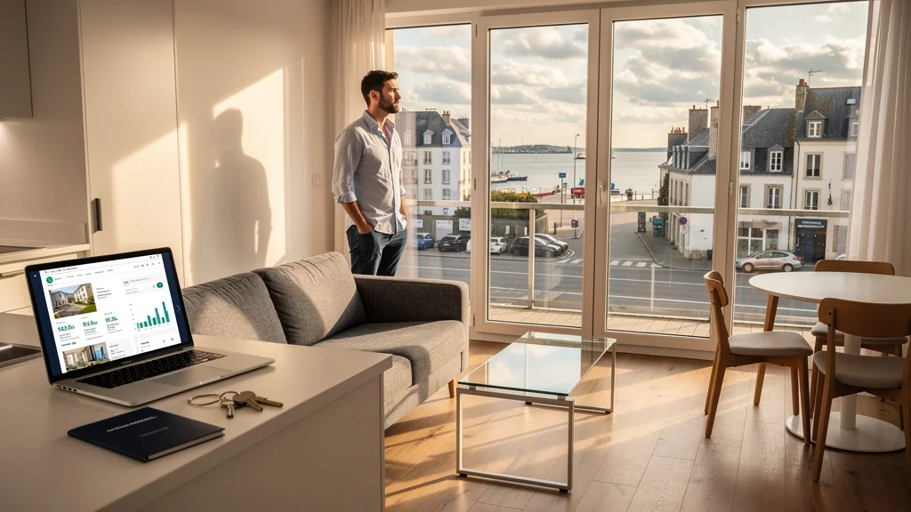 Appartement T2 moderne à Brest avec jeune homme pensif, symbolisant achat immobilier et revente rapide