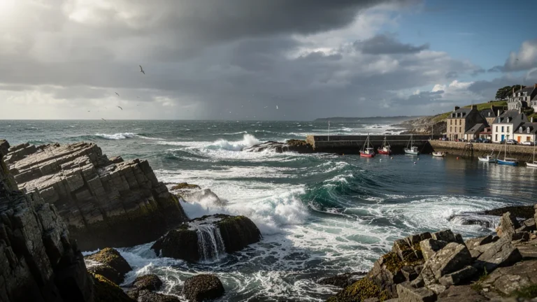Vue photoréaliste du littoral finistérien contrastant avec le marché calme de Brest, ambiance maritime dramatique
