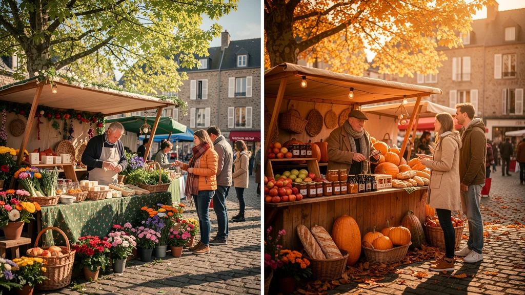 Marché finistérien au printemps et en automne avec vendeurs et produits saisonniers en lumière naturelle