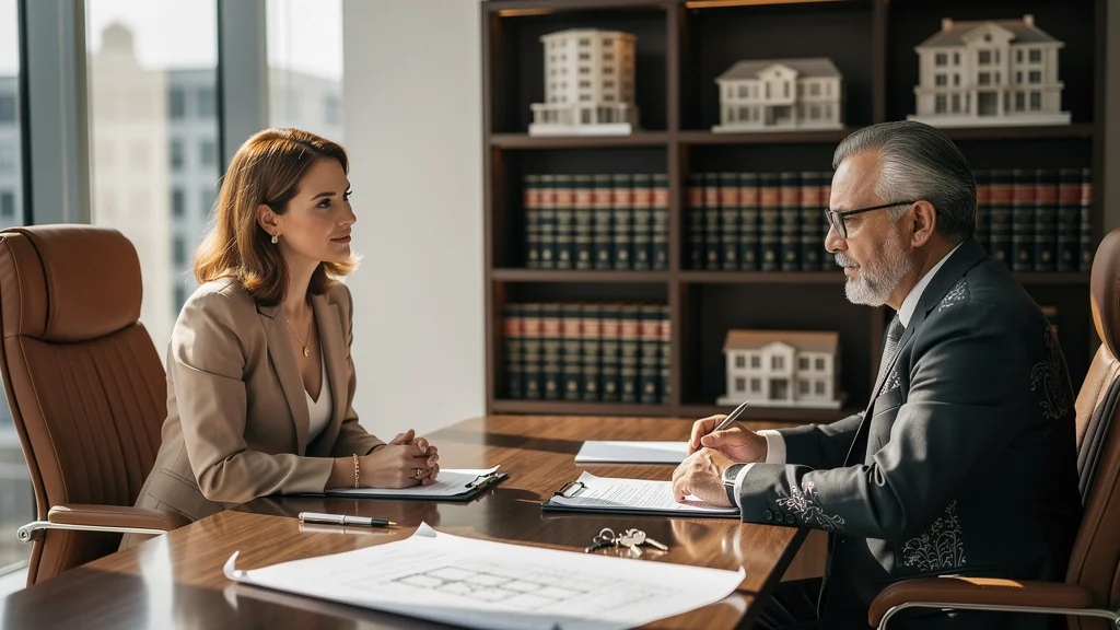 Femme signant un achat immobilier comptant chez le notaire, ambiance professionnelle et lumineuse