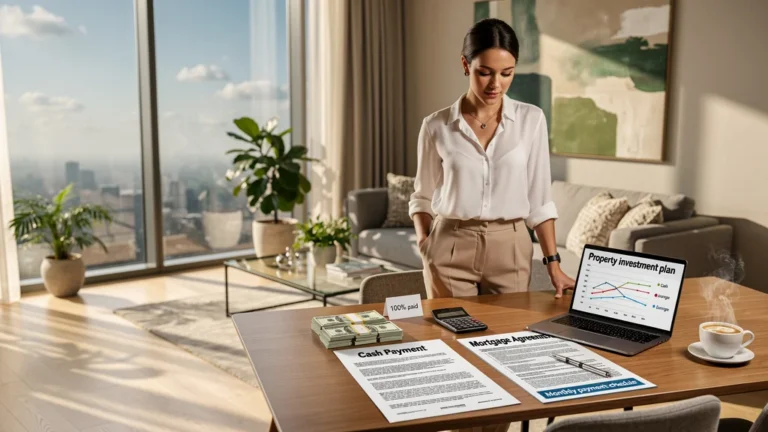Jeune femme réfléchissant à acheter comptant ou emprunter pour une propriété immobilière moderne