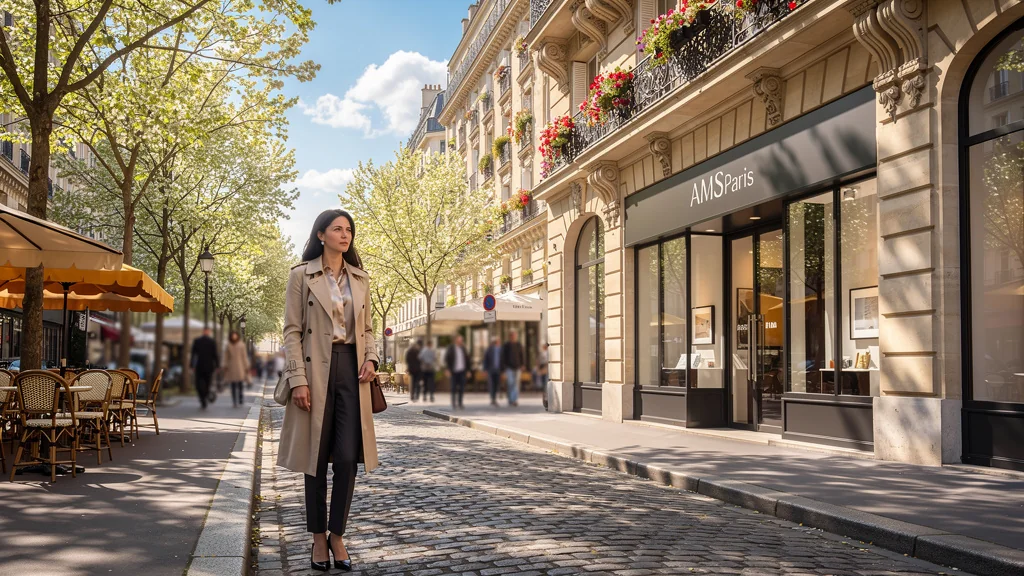 Scène parisienne réaliste avec agence immobilière AMS Paris et femme professionnelle dans rue Haussmannienne
