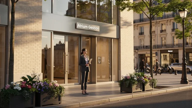 Façade moderne d'Atrium Gestion dans le 17e arrondissement de Paris au coucher du soleil