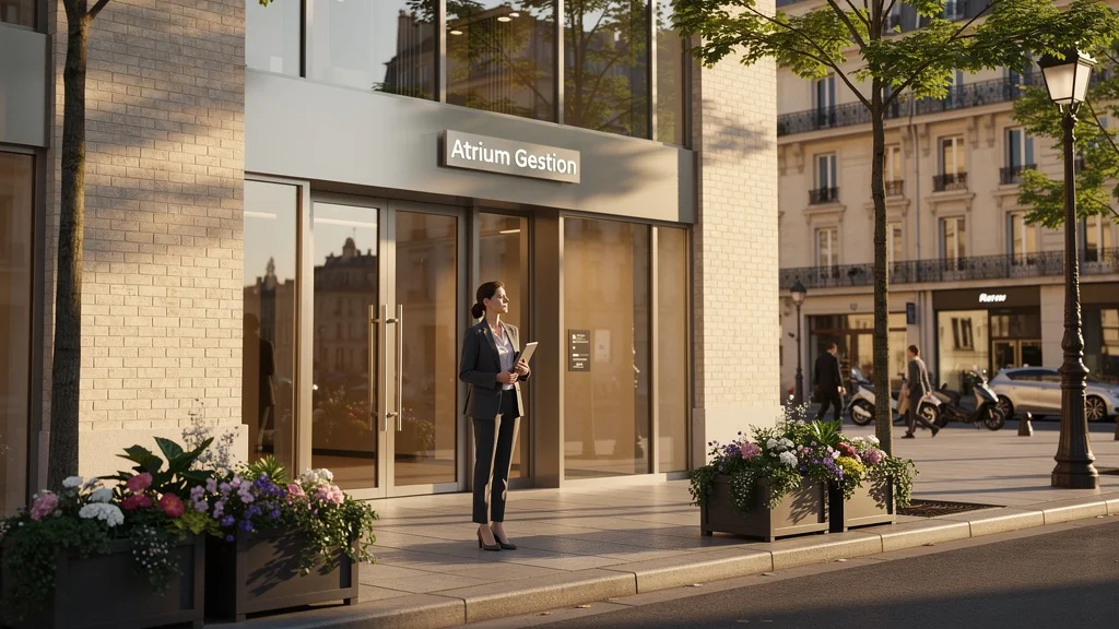 Façade moderne d'Atrium Gestion dans le 17e arrondissement de Paris au coucher du soleil