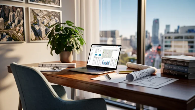Bureau moderne lumineux d’une rédactrice immobilière préparant un article sur baliman, ambiance professionnelle et sereine