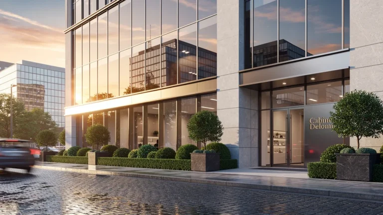 Façade moderne et élégante du Cabinet Delomier sous une lumière dorée, symbole de choix immobilier de qualité
