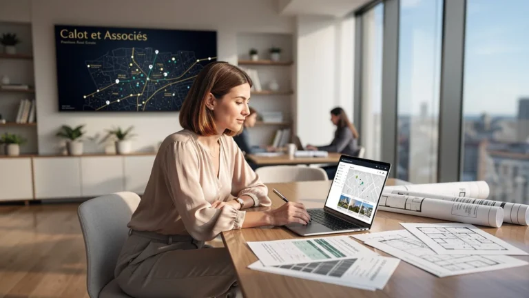 Bureau moderne et lumineux de Calot et Associés avec rédactrice immobilière au travail, ambiance professionnelle