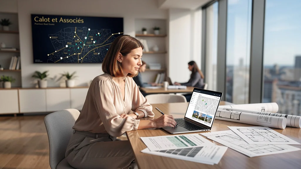 Bureau moderne et lumineux de Calot et Associés avec rédactrice immobilière au travail, ambiance professionnelle