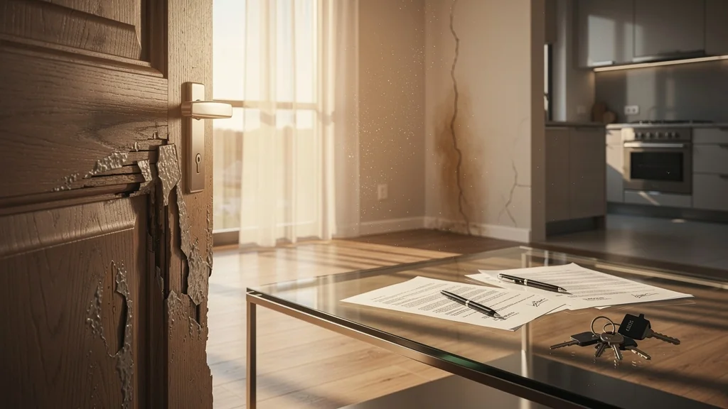 Appartement moderne avec défauts visibles après vente signée, illustration de contre-visite bâclée