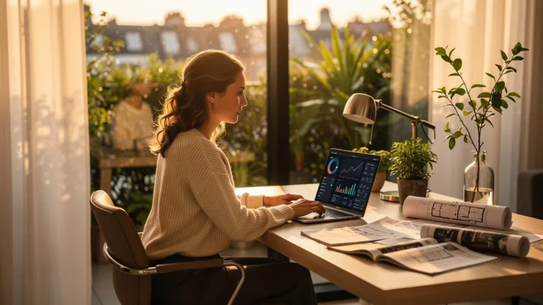 Portrait photo réaliste d’une rédactrice immobilière dans son bureau moderne lumineux au matin avec vue jardin urbain