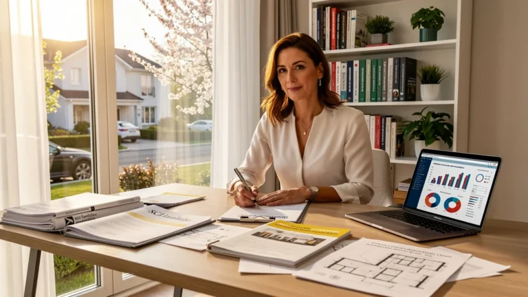 Femme professionnelle rédactrice en immobilier crée une SCI familiale avec documents et ordinateur dans un bureau lumineux