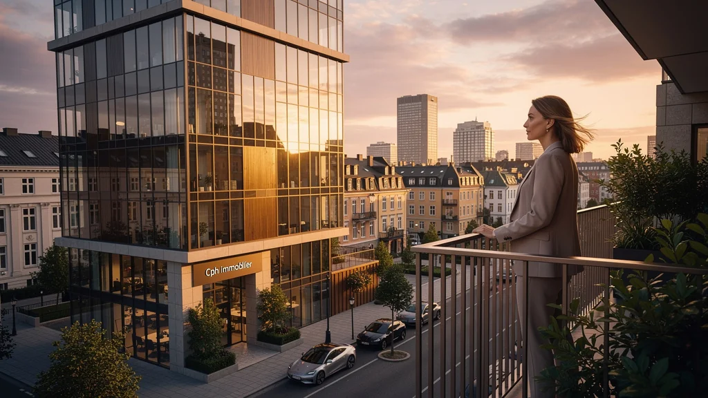 Vue urbaine réaliste de Cph immobilier avec femme professionnelle contemplant l'investissement rentable