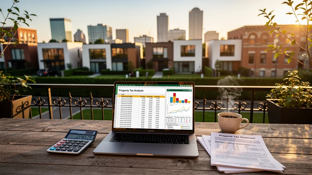 Estimation taxe foncière précise avec documents et calculatrice sur table en bois au lever du soleil urbain
