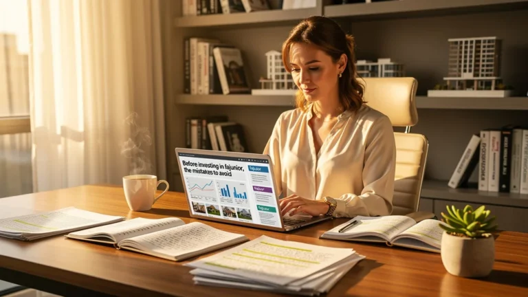 Femme rédactrice immobilière concentrée préparant un article sur les erreurs à éviter avant d’investir dans fajunior
