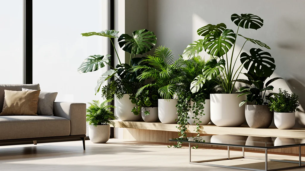 Intérieur moderne avec jardin d'intérieur luxuriant illustrant Florely et design immobilier durable 2024