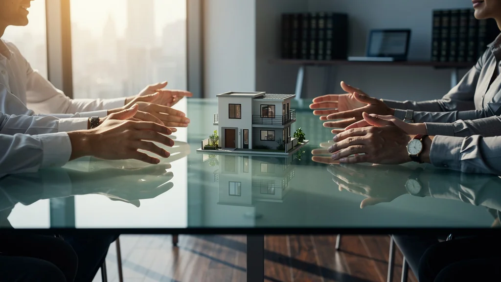 Table en verre avec mains humaines autour d’un modèle de maison illustrant l’indivision entre personnes physiques